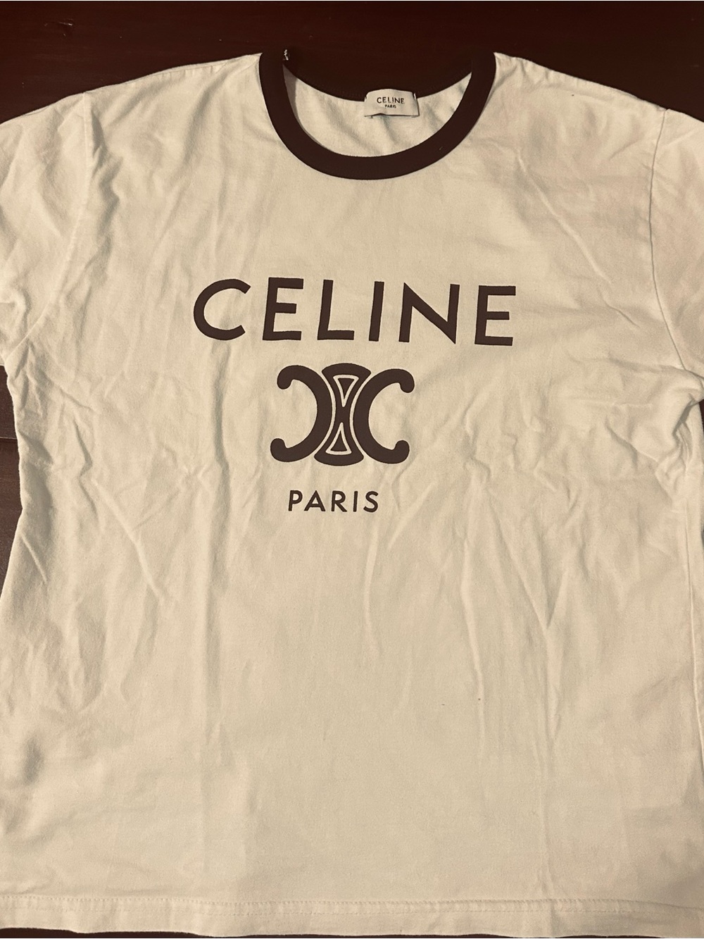 Celine White Short-Sleeve Tee with Black Logo Ringer